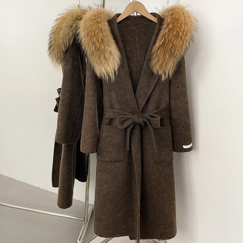 OFTBUY Luxuriöse Wolljacke mit Echtfellkragen und Kapuze, 100% Wollmantel für Damen, Neue Herbst-Winter-Lange Kleidung mit Natürlichem Fell – Detail 25