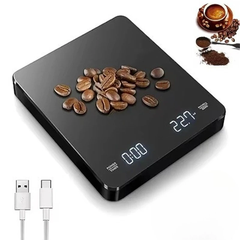 1Set Electronic Coffee Scale with Silicone Pad Digital Coffee Scale with Timer LED Display USB Charging Home Cafe Use Good Gift