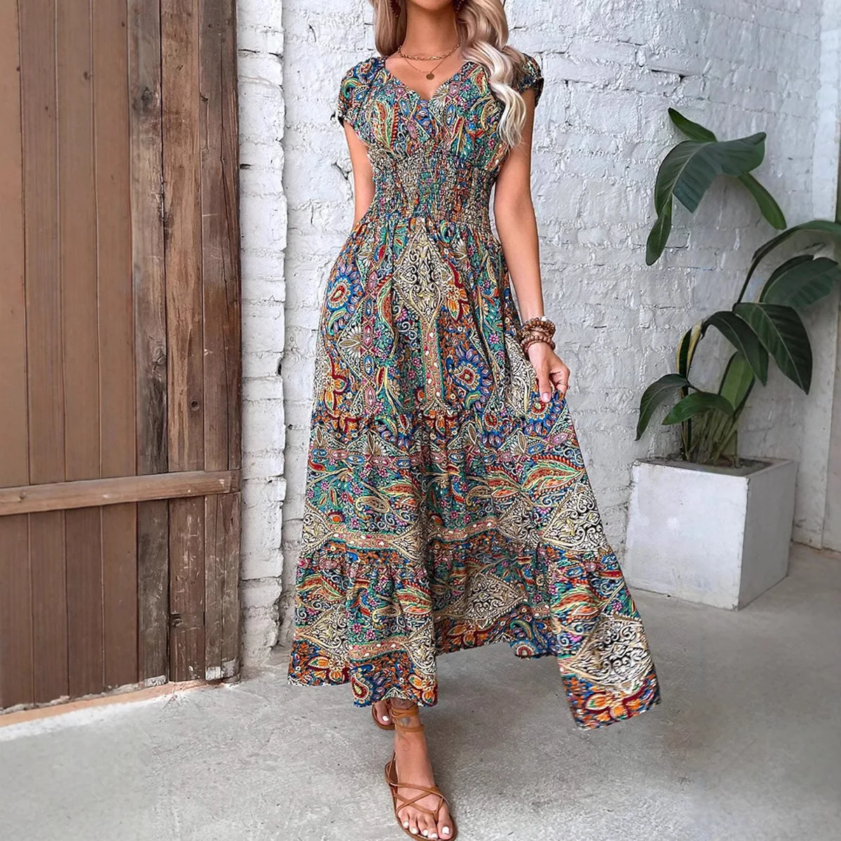 

Women's bohemian vacation style new waist long dress floral printing big pendulum dress fashionable simple temperament elegant v