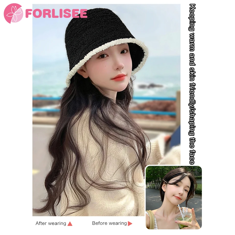 10.5 Inch Long Curly Hat Wig Synthetic Small Fragrant Fisherman Hat Wig Black Women's Gradient Curly Hair Wig Organic fiber Hair