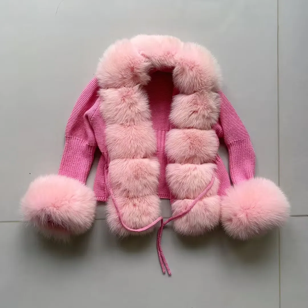 children's Real fox fur cardigan fashion real raccoon fur cardigan suitable for children aged 3-16 natural fur leather jacket