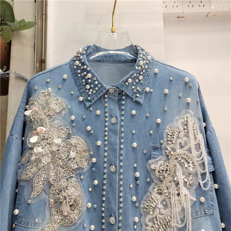 Spring/Summer Women Flowers Embroidery Beaded Denim Shirts Medium Length Pearls Beaded Jeans Blouses Turn Down Collar Cardigan