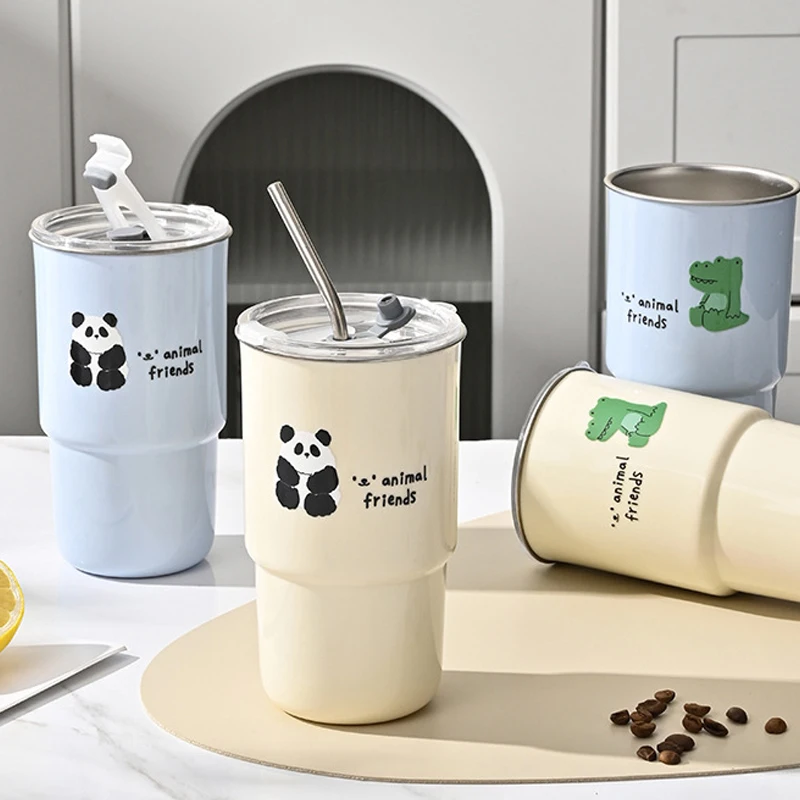 304 Stainless Steel Straw Cup Car Accompanying Water Cup with Lid Cartoon Coffee Cup Stainless Steel Mug