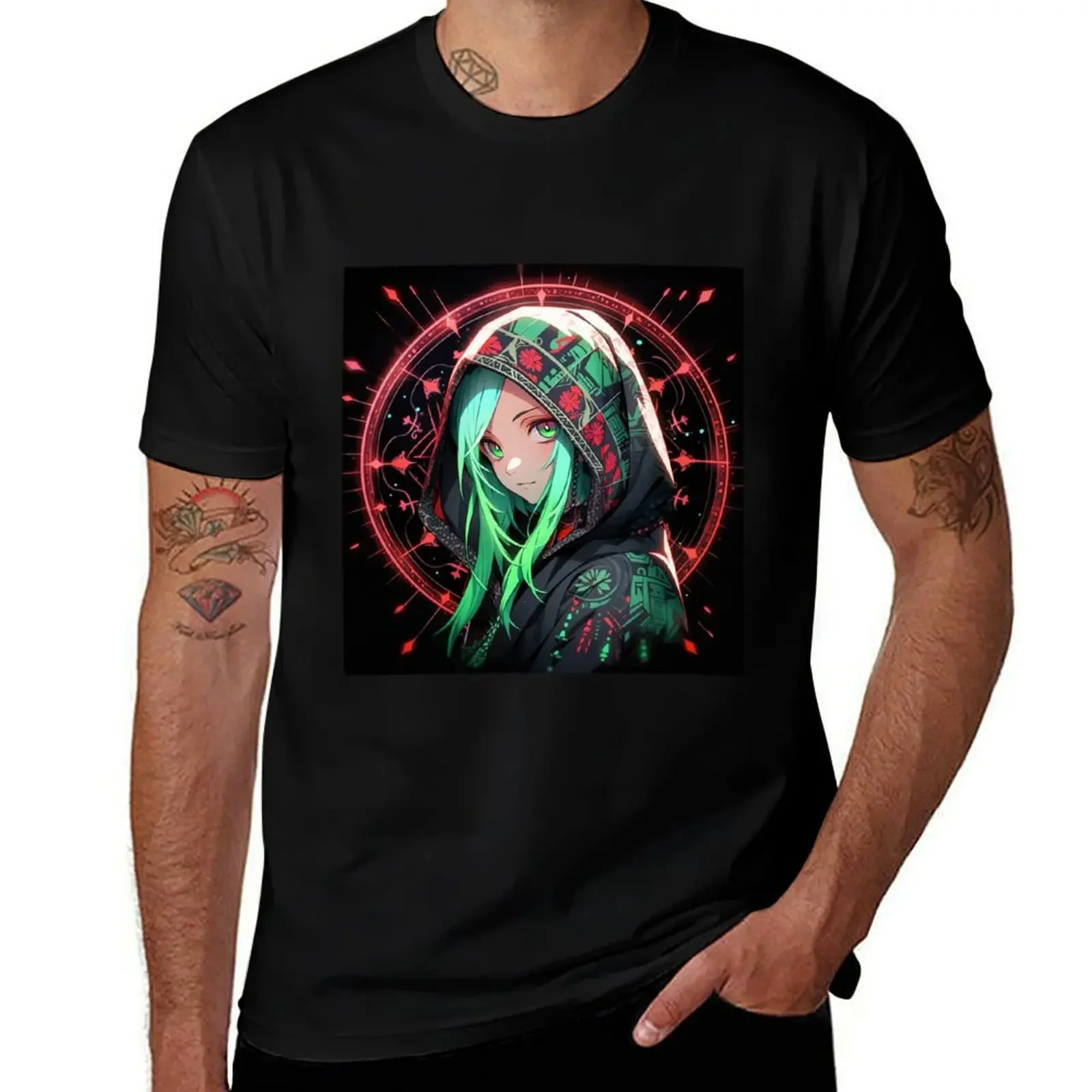 Mystical Hooded Green Hair Anime Girl T-Shirt blue archive sports fans baggy shirts mens champion t shirts