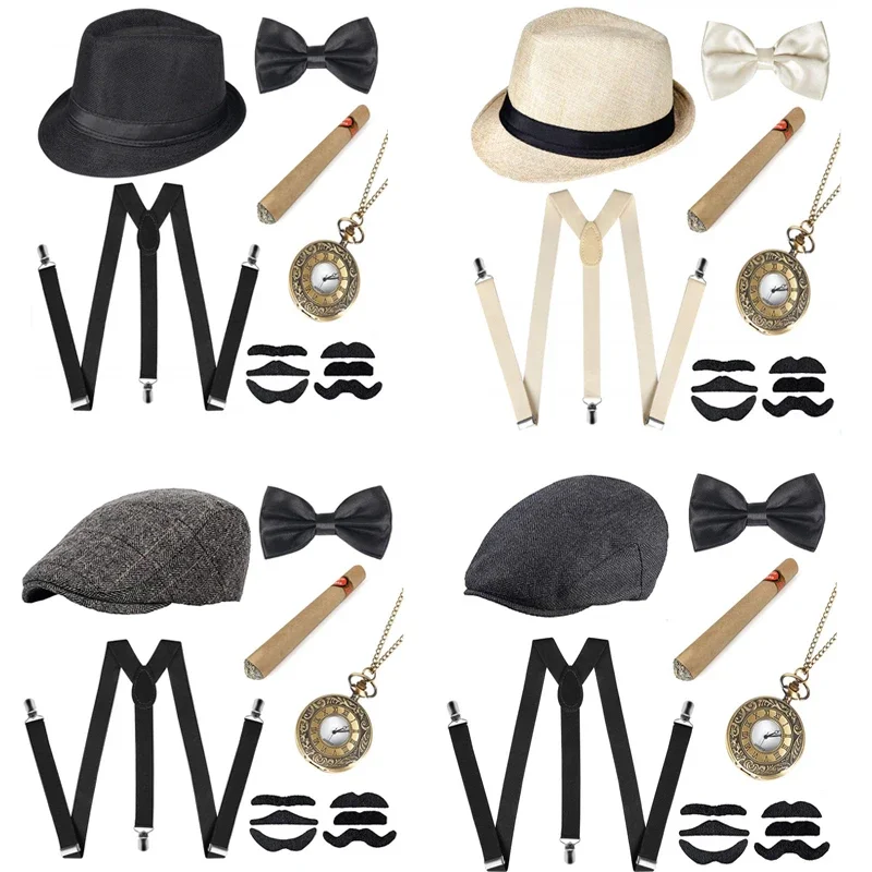 Peaky blinders conjunto de acessórios de fantasia 30s manhattan gangster boina y-back suspender relógio de bolso 1920s masculino gatsby traje barba