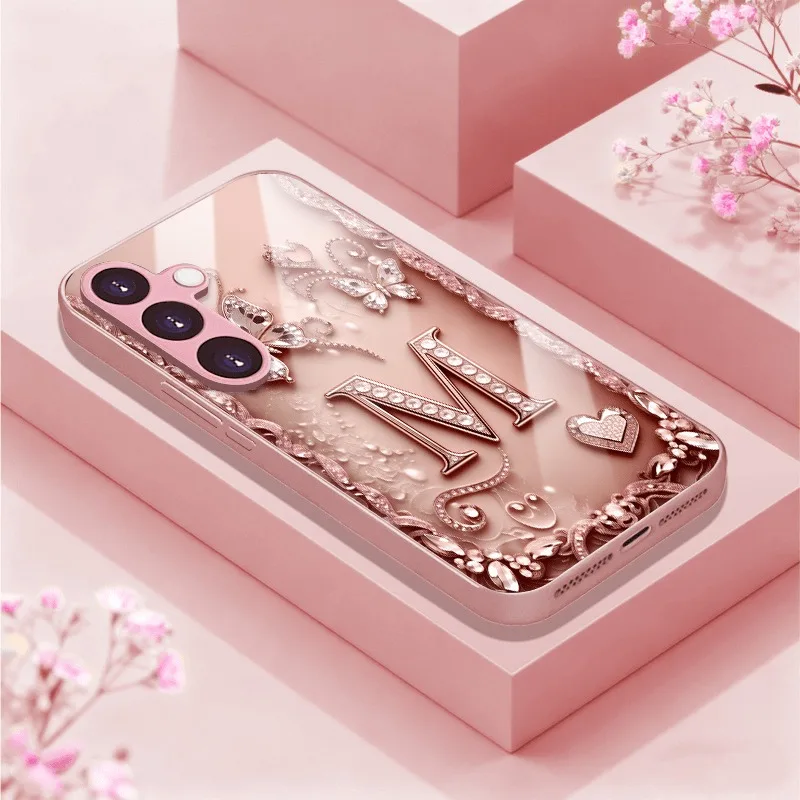 

Diamond Studded Butterfly Letters Pattern Metallic Glass Phone Case For iPhone 17 16 15 14 13 12 11 Pro Max Plus 17Air 17E Cover