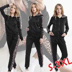 New women's leopard print full zip hoodie long pants slim fit sportswear two-piece sexy long sleeved hooded sportswear