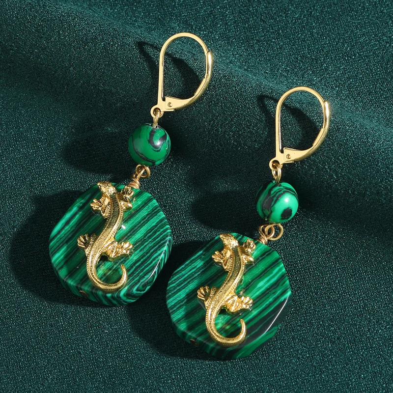 

Vintage Gecko Green Earring Drop Malachite Glass Gold Color Luxury Designer Gifts Jewelry Antique Party New Trends In 2025
