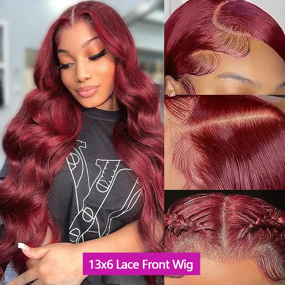 Perruque Lace Front Wig Body Wave naturelle rouge bordeaux, cheveux humains, 13x4, 13x6, HD, 4x4, pre-plucked, 99j