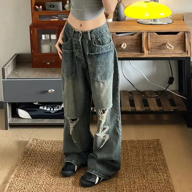 

European and American Summer HipHop Men and Women Trendy Personalized Straight Tube Washed Jeans Couple Loose Retro Casual Pants