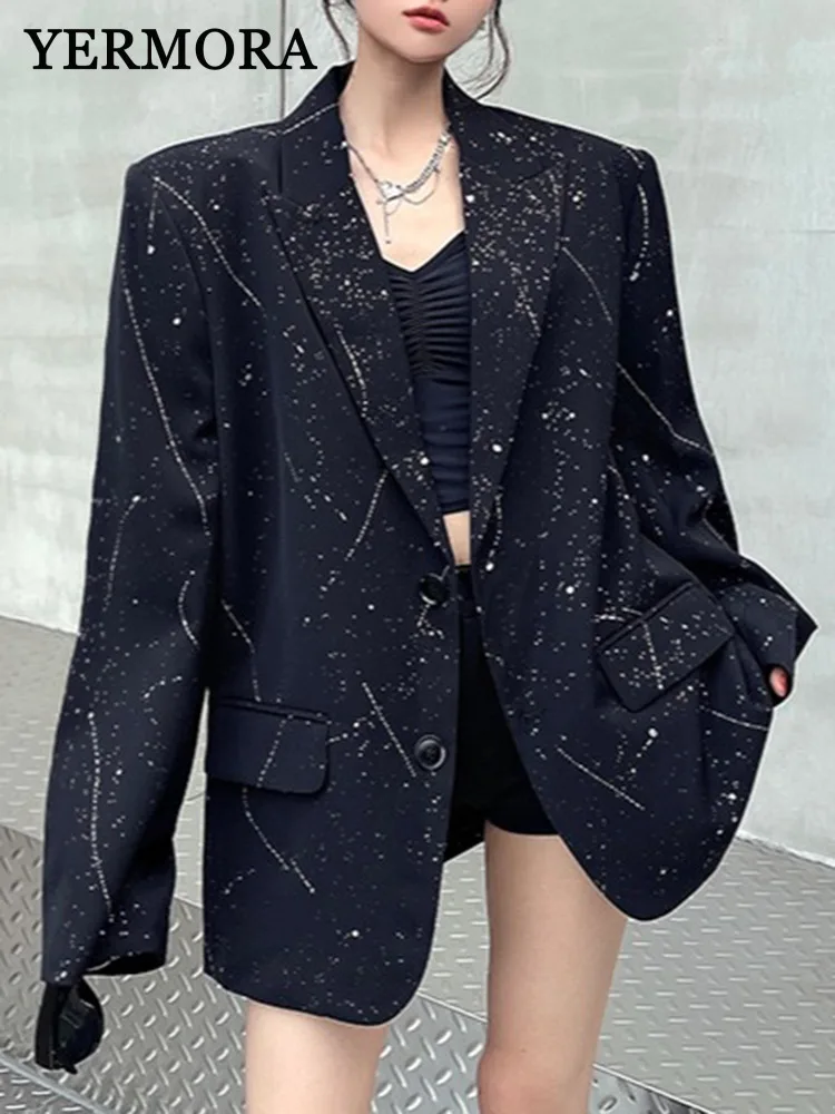YERMORA Black Rhinestone Pocket Casual Blazer For Women Lapel Long Sleeve Loose New Jacket Fashion Tide Spring Autumn 2025