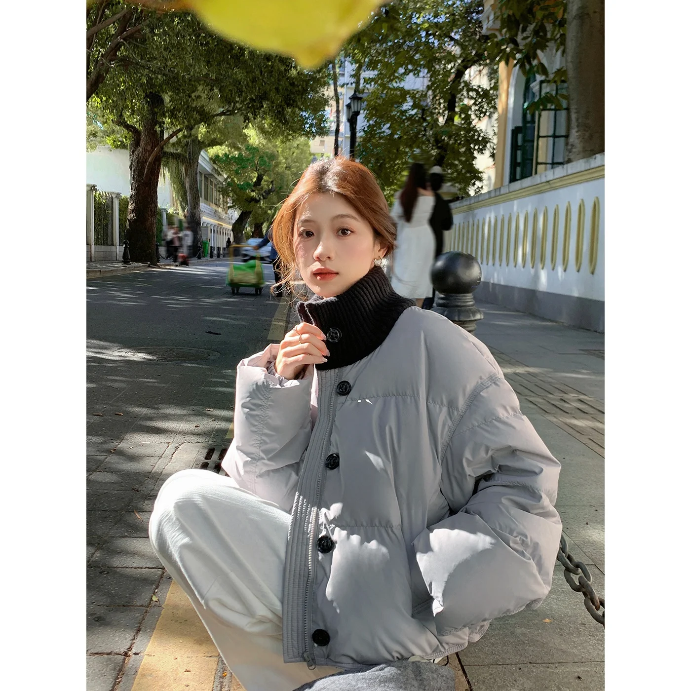 

Yang Pao Pao Grey Knitted Patchwork down Jacket Women's Short White Duck down Face Commute Style Korean Version Straight Tube