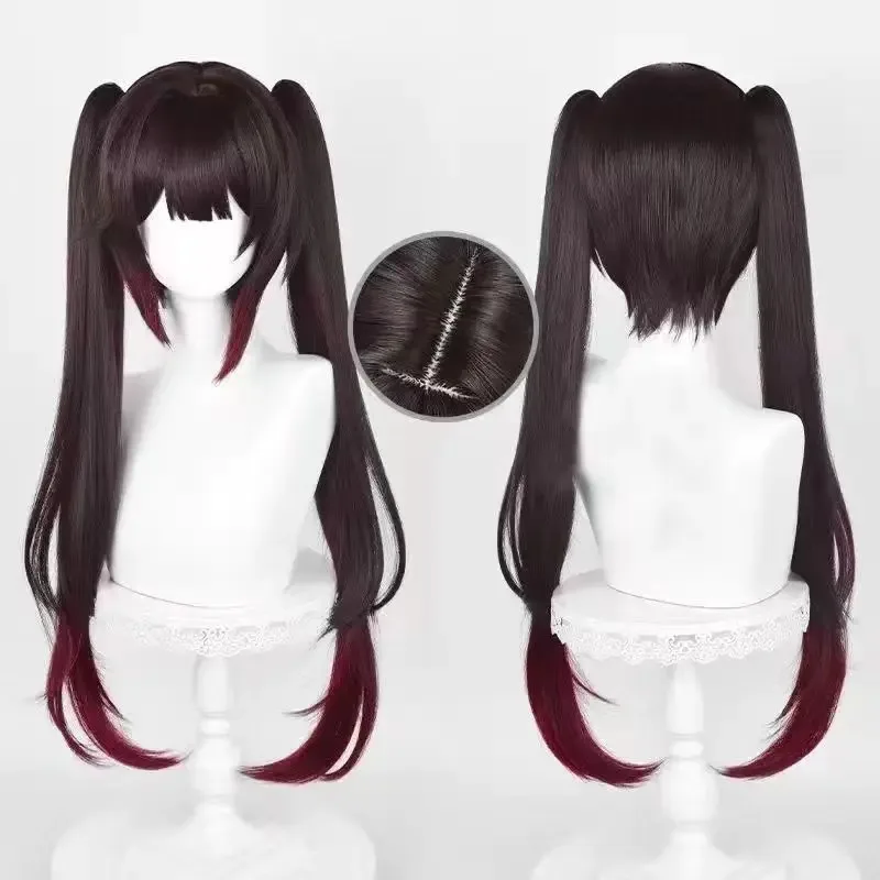 

Amine Game Honkai Star Rail Cosplay Sparkle Wig Reddish Brown Wigs With Double Ponytail and Bangs Halloween Comic Con Wigs