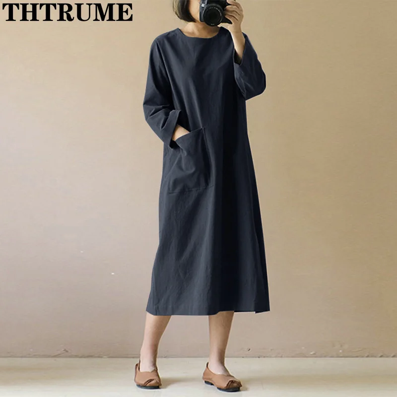 New 2024 Long Sleeve Dress Fashion Women Autumn Winter Solid Loose Pocket Vintage Vestidos Casual Office Lady Cotton Chic Robe