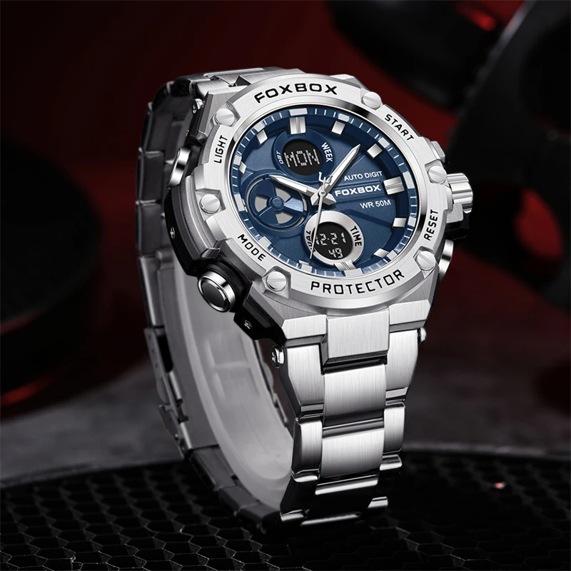 FOXBOX Men Digital Watch LED Sport Military Mens Quartz Wristwatch Male Luminous Waterproof Clock Watches+Gift Box