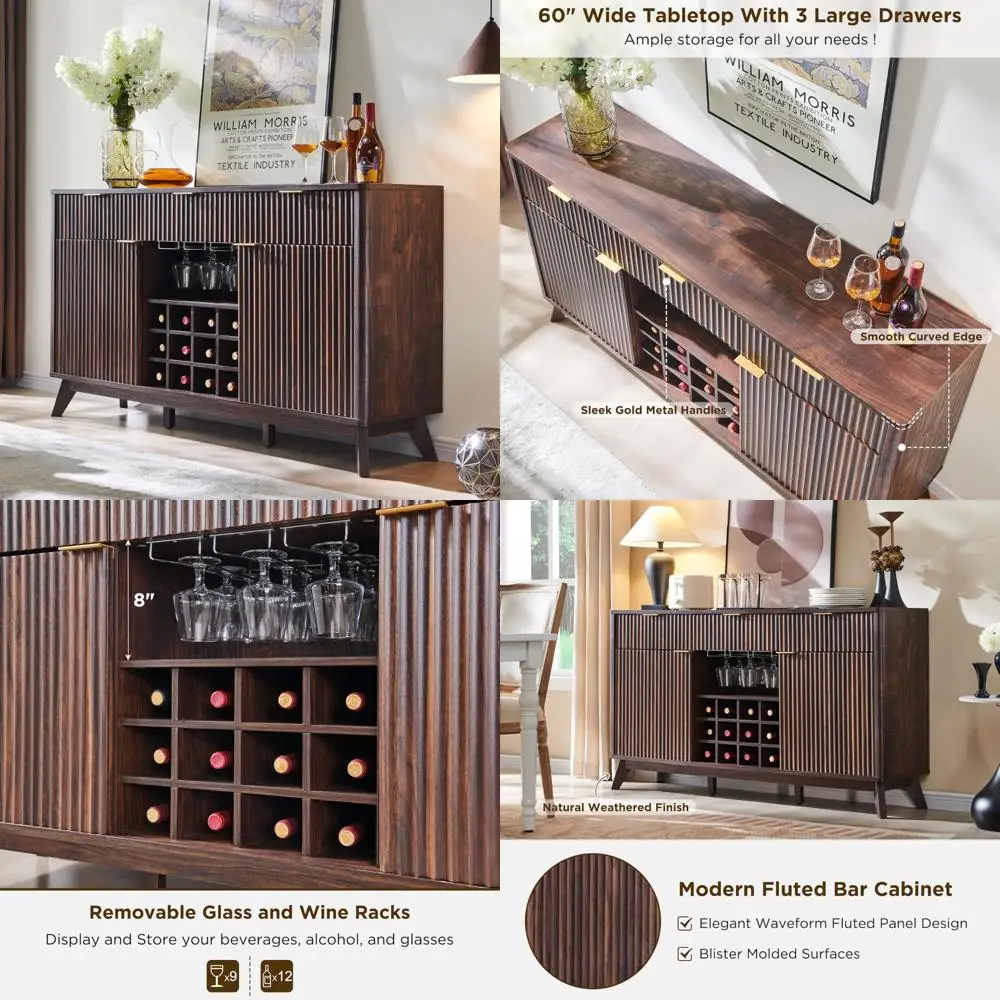 現代的なワイン＆コーヒーバッフェキャビネット - 60個のフルーテッド収納スペース、3つの引き出し、2つのドア、グラスラック付き