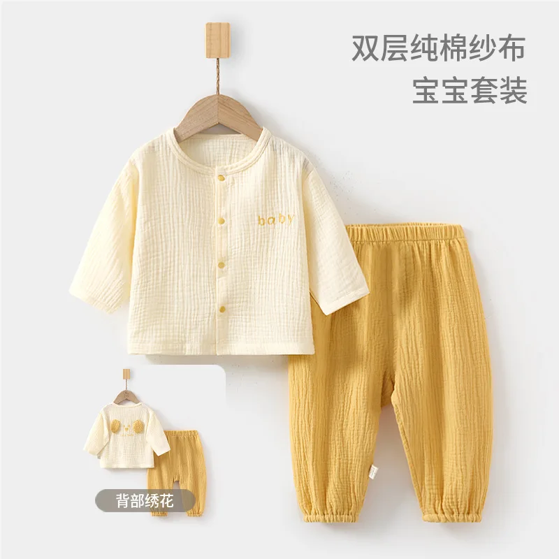 Baby Pajama Sets Baby Homewear Long Sleeve Double Pure Cotton Top Pants Children Summer Air Conditioning Room Clothes Girls