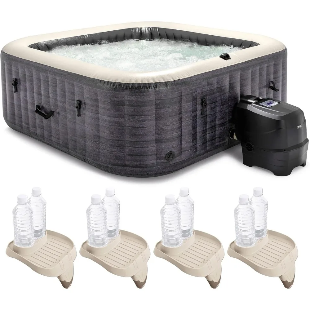 

94 X 28 Inch Outdoor Hot Tub with Attachable Cup Holder and Set of 4 Refreshment Tray Accessory, Inflatable Square Hot Tub Spa