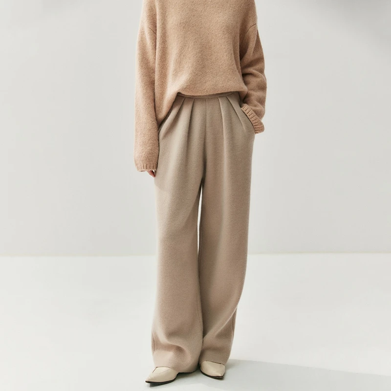 100% Kasjmier Casual verfrommeld broek elastische taille Wijde pijpen broek een gevoel voor gedrapeerd Herfst Winter Dikke kasjmier gebreide broek