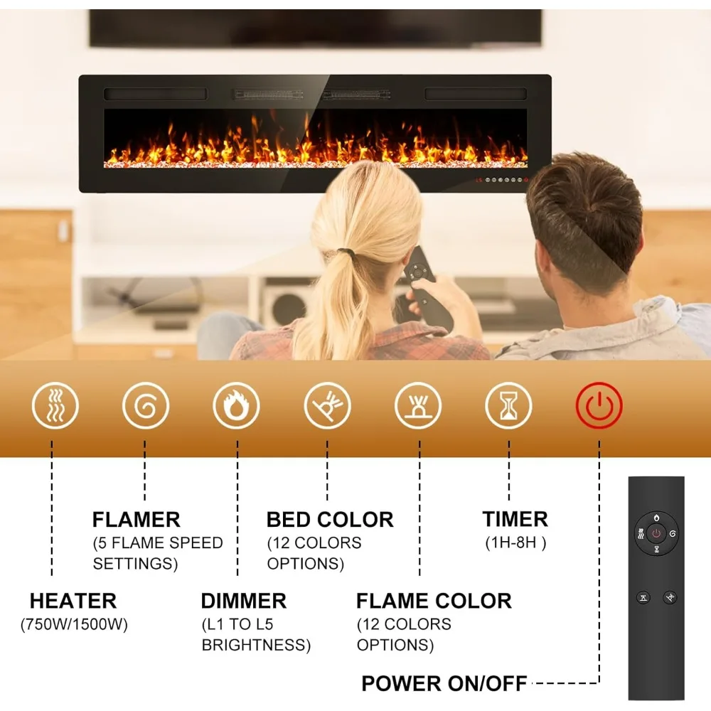 72-Inch Slim Electric Fireplace Insert with Wall Mount, Remote and Touch Screen Control, 1500W Heater, Titanium Finish
