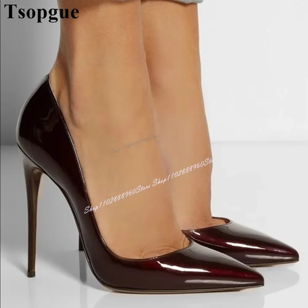 

Elegant Burgundy Glossy Leather Shallow Pointy Pumps Stilettos High Heel Women Shoes Slip On Pointed Toe Gorgeous Banquet Pumps