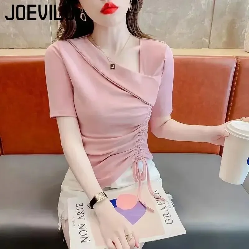 Chic Short Sleeved T-shirt V-neck Slimming Irregular Drawstring Design Crop Tops Women\'s Summer Korean Elegant Asymmetric Blouse
