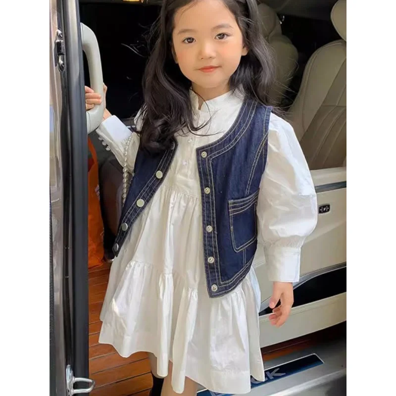 

2024Spring and Autumn New Baby Girl Skirt Suit Girls Fashionable Long Sleeve Dress Denim Two-Piece Vest Set