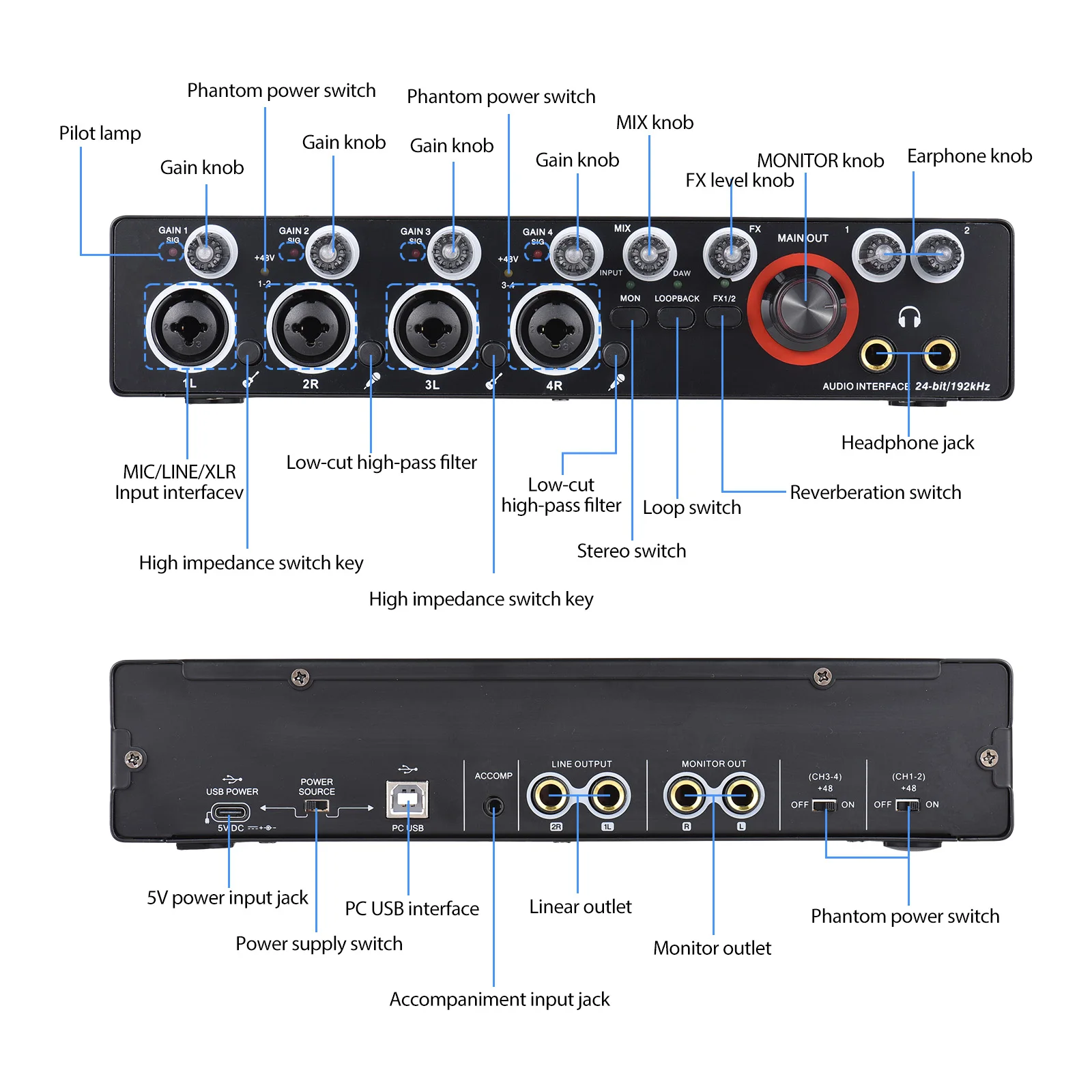 4 Channels Recording Sound Card with Driver Free Audio Interface 4-in 4-out USB Live Sound Card 24 bit/192khz 48V Phantom Power