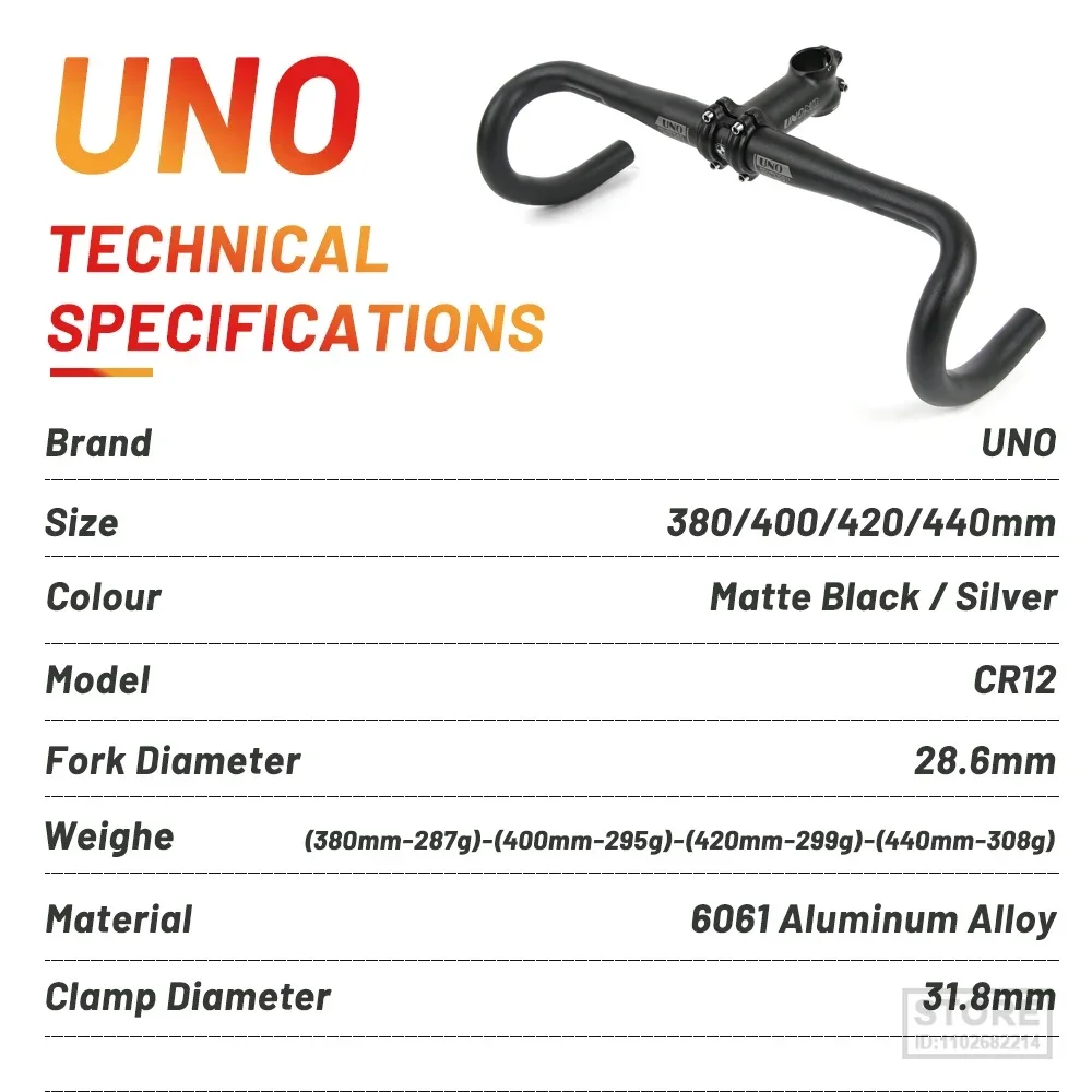 UNO-Manillar de aleación de aluminio para bicicleta de carretera, barra doblada de 25,4/31,8mm, 380/400/420/440MM para accesorios