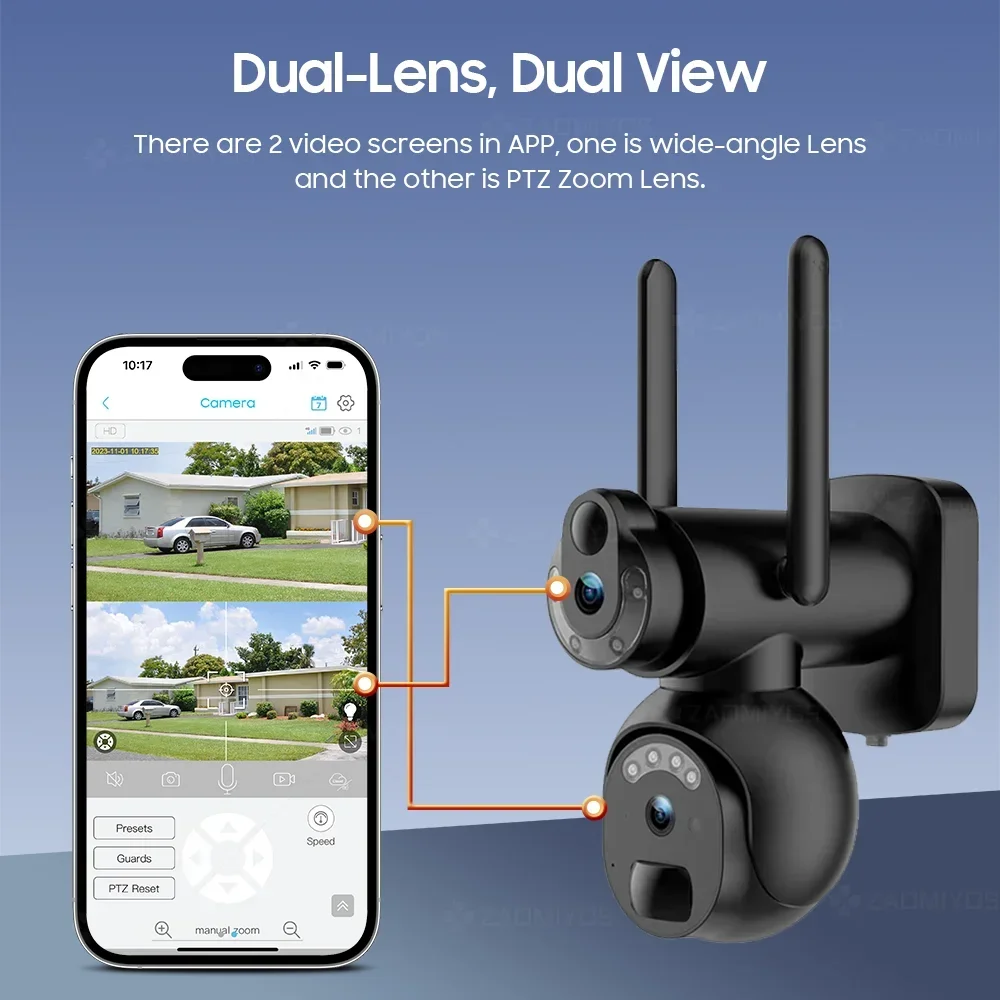 UNENTNGT 4K 8MP Solar Camera 4G/WIFI Security Outdoor Dual Lens Surveillance Humanoid Tracking Color Night Vision PTZ Cam