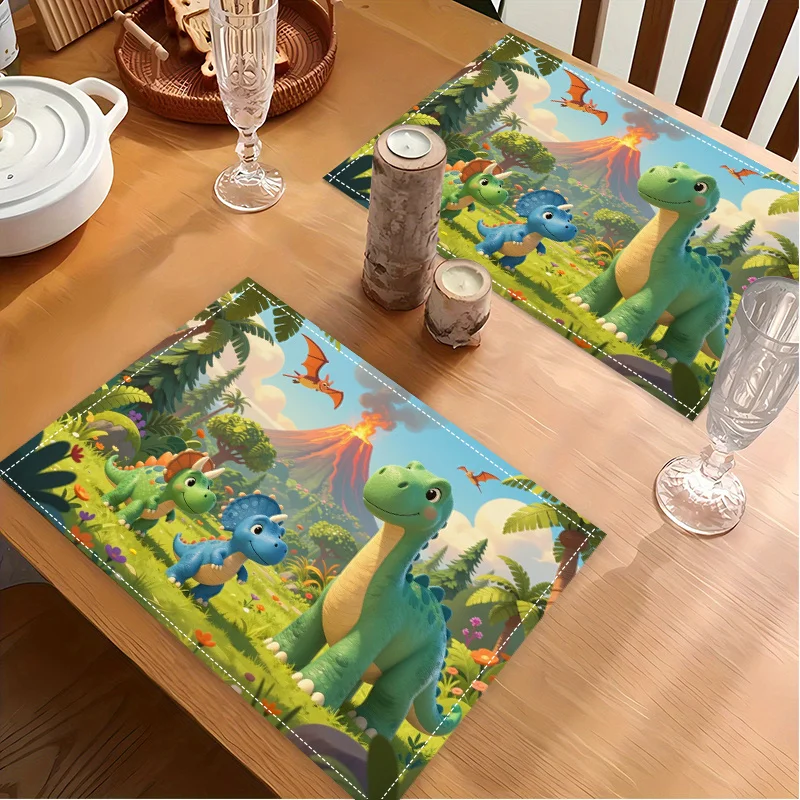8pcs/4pcs/6pcs Dinosaur Cartoon Linen Placemats Set Of 4 Kids Kitchen Table Mats Cute Dining Decor Washable