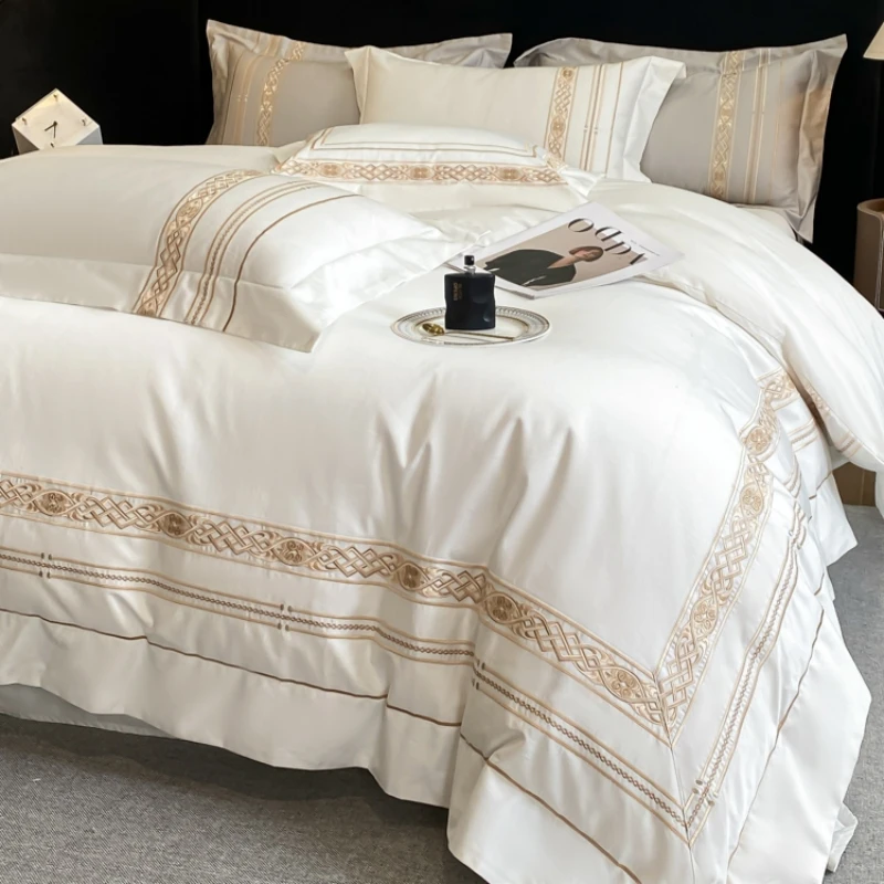 Gold Embroidery Duvet Cover Sets White Egyptian Cotton Bedding Set Luxury Solid Color Bed Sheet Pillowcases Mattress Covers