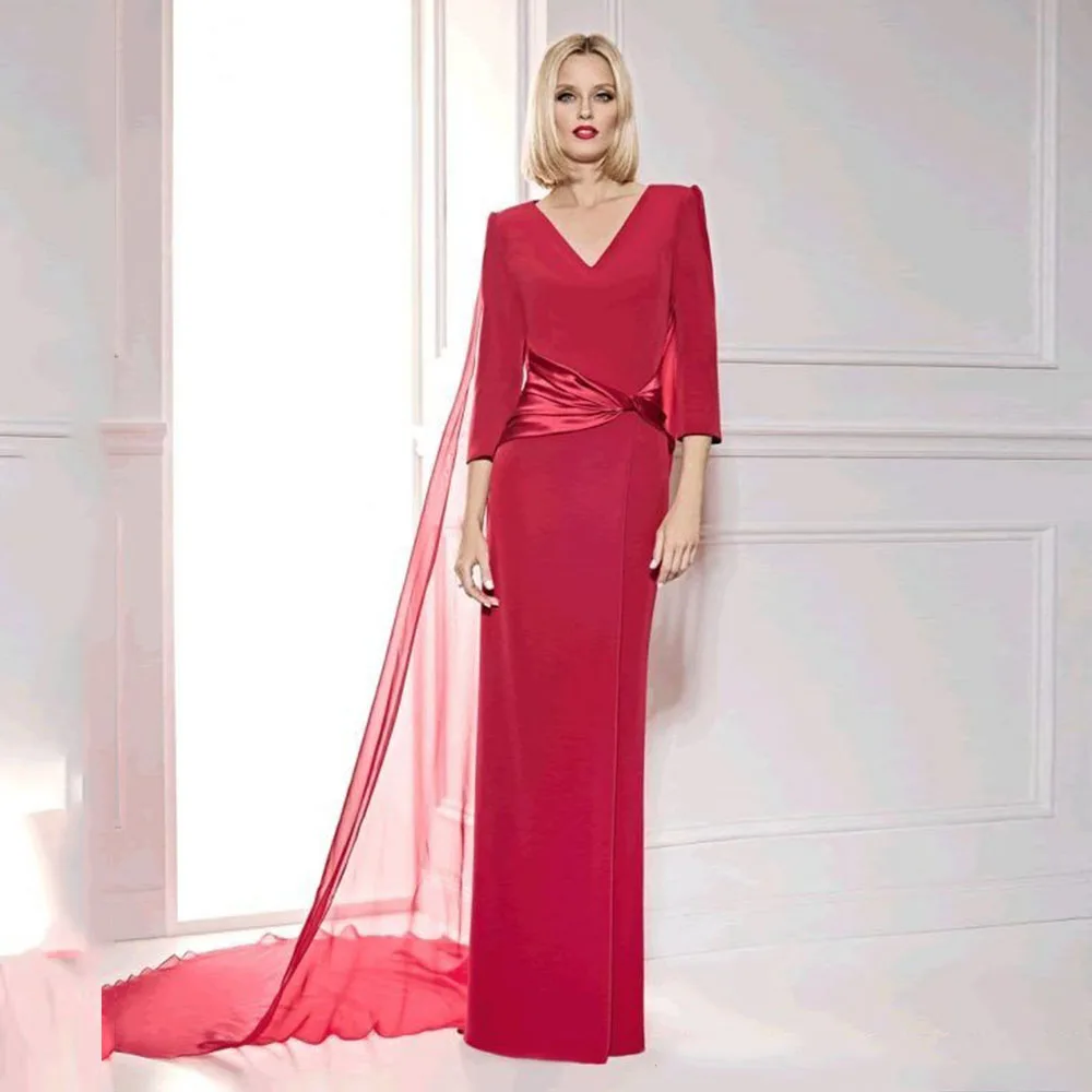 

Elegant Red Sheath Mother of the Bride Dresses for Wedding 3/4 Sleeves Evening Dress for Women Floor Length Wedding Guest Gown