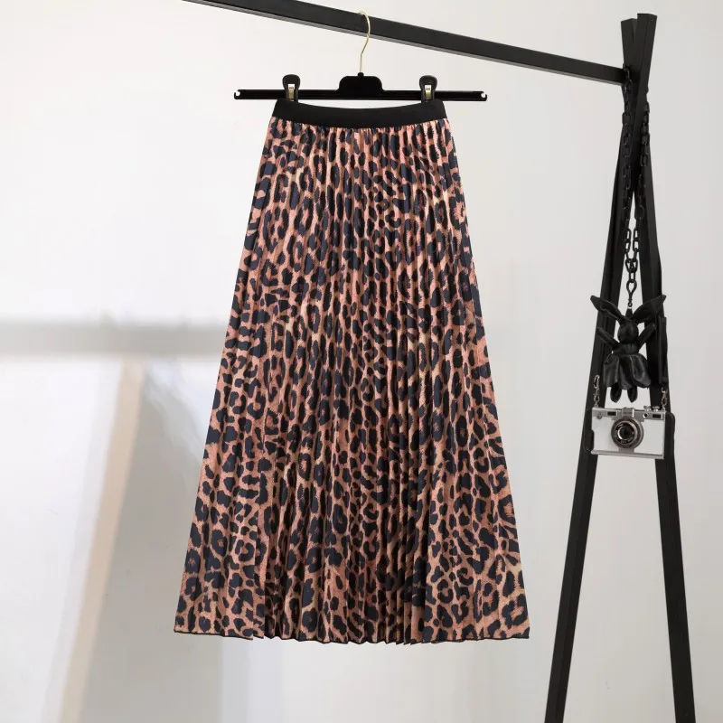 Nighpha Leopard Print Pleated Skirt for Women Summer High Waist Midi Skirt Large Swing Causal Party