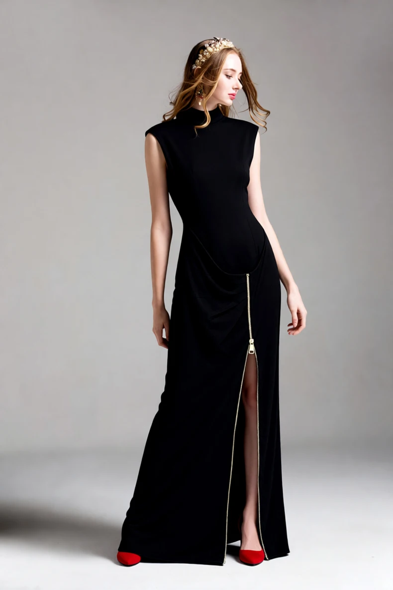 فستان نسائي طويل أسود برقبة عالية بدون أكمام - فستان طويل أنيق بسحاب جانبي للحفلات والسهرات والزفاف #3
