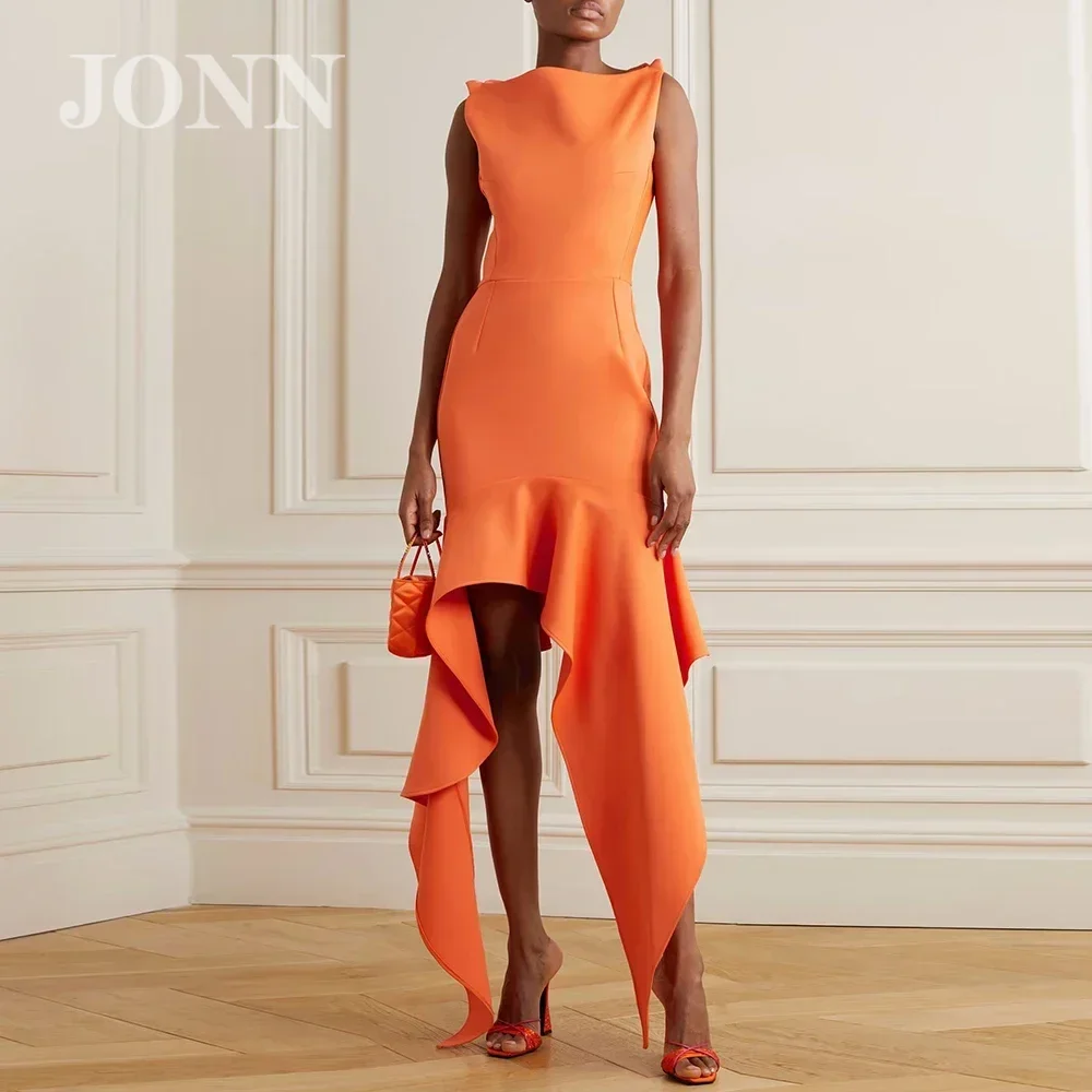 

JONN 2024 New Summer Women's Orange Sexy Asymmetric Ruffle Edge Sleeveless Tight Bandage Dress Elegant Celebrity Cocktail Gown