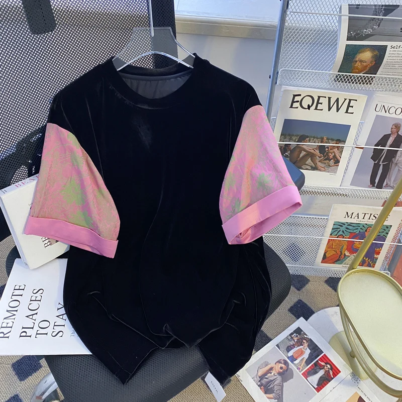 Black Velvet Crew Neck Short Sleeve T-shirt with Pink Oriental Jacquard Contrast Sleeves Women's Elegant Chinese Style Top