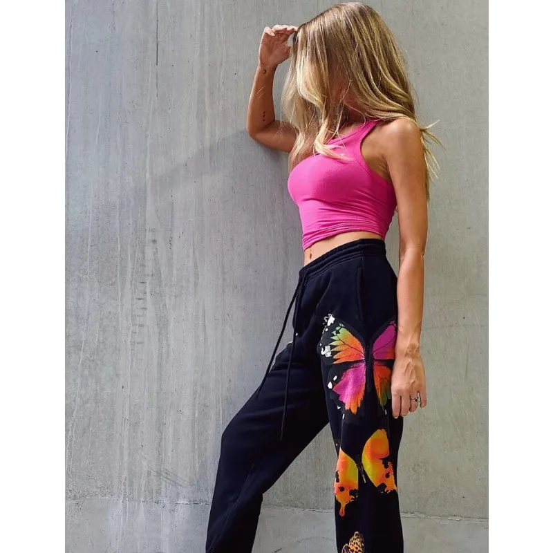 Krisnanas Hip Hop Style Butterfly Printed Pants for Woman 2025 Autumn Winter Loose Commuting Elastic Waist Trousers  58924