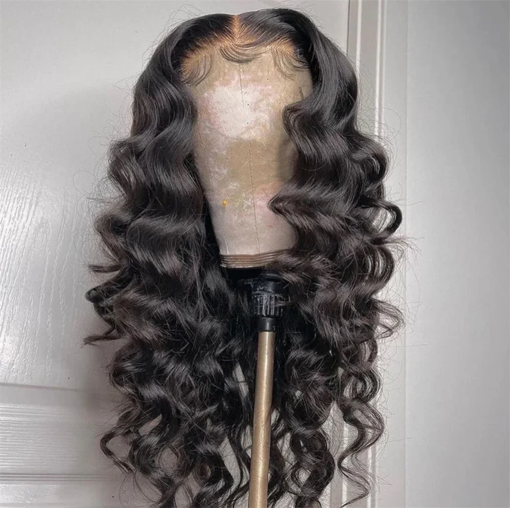 Natural preto onda profunda encaracolado peruca dianteira do laço para as mulheres, macio, longo, cabelo do bebê, pré-arrancadas, sem cola, diariamente, moda, 26"