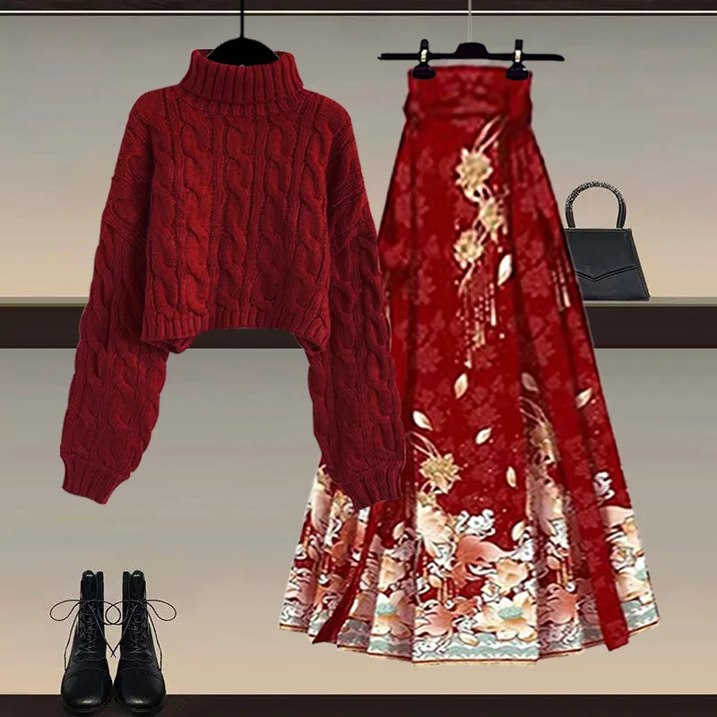 

New Chinese Style Red Sweater And Half Skirt Set New Year War Robe Hanfu Two-Piece Set Casual Style Long Sleeve round Neck Top