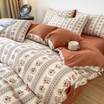 Vintage Floral Style Bedding Set No Filler Soft Fall Winter Thickening Duvet Cover Flat Sheet Pillowcase Full King Bed Linen