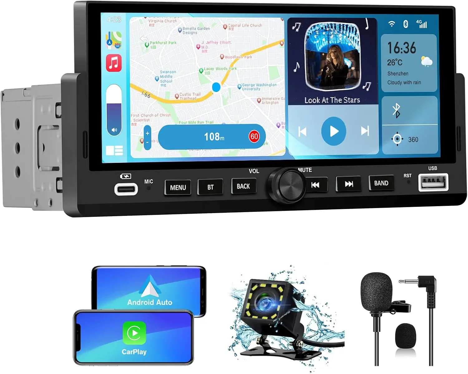

6.86' Single Din Car Stereo with Wireless CarPlay, Android Auto, Bluetooth, Backup Camera, USB-C, FM, EQ