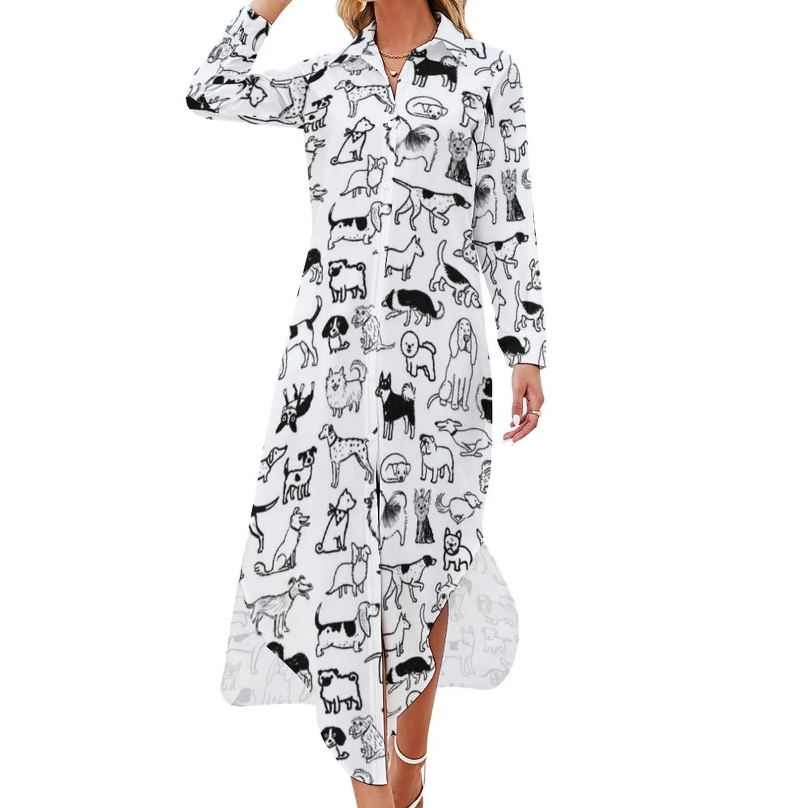 

Black and White Dogs Pattern Long Sleeved Shirt Dress Dress women dress summer women's elegant loose dresses