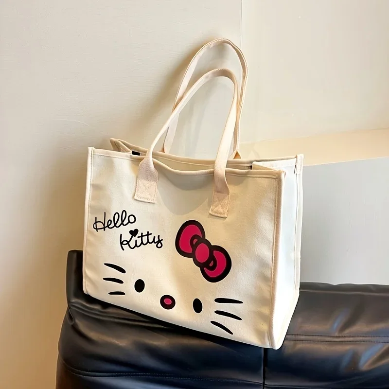 Charming Sanrio Hello Kitty Canvas Tote Bag - Spacious and Durable Anime-Inspired Shoulder Handbag for School, Work, and Daily