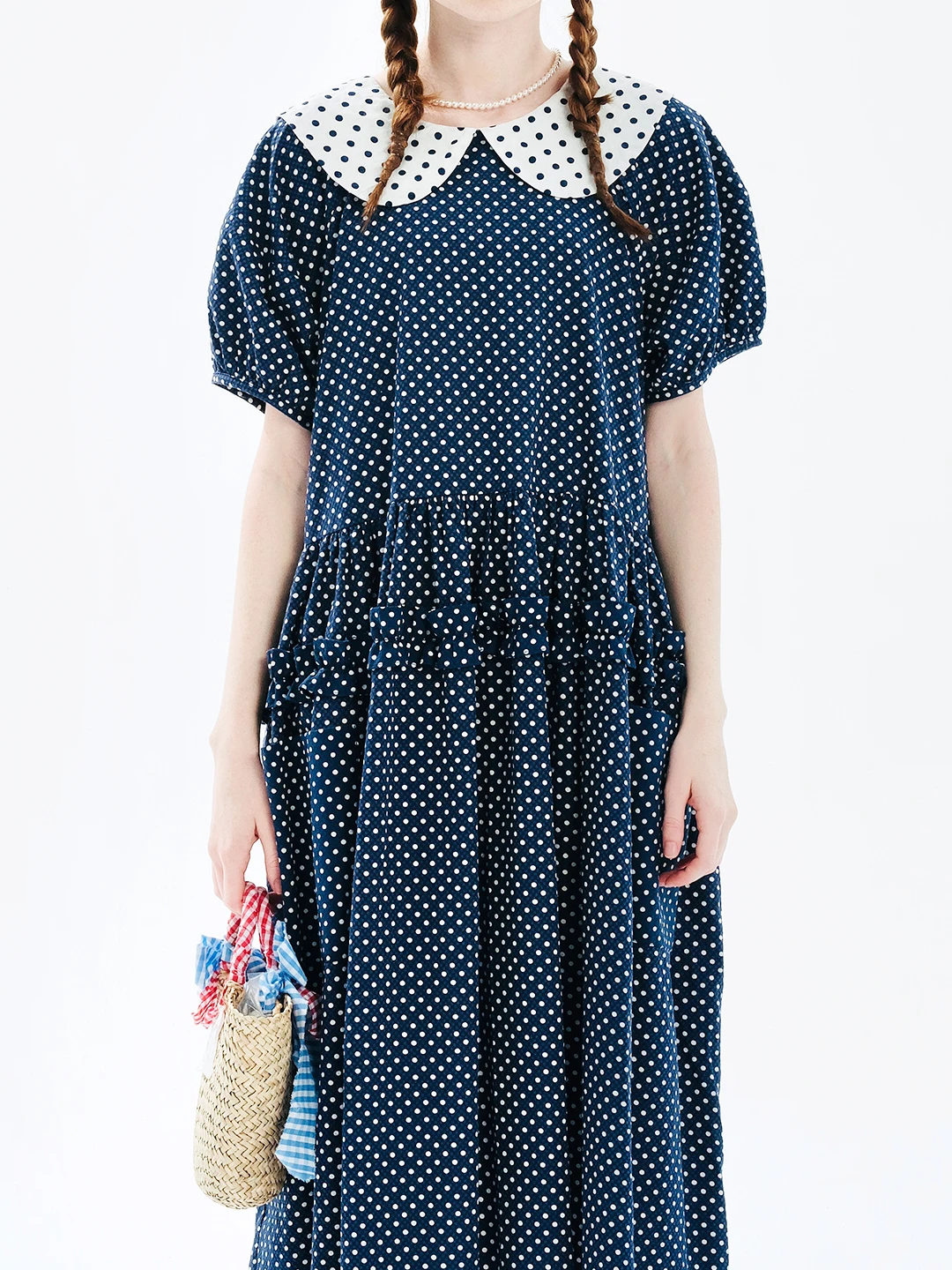 imakokoni 2024 Summer A-line Long Dress Cotton Japanese Polka Dot Contrast Round Neck Dress 244711