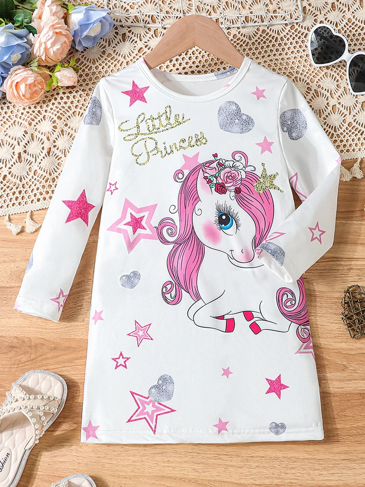 Girls Autum Little Princess Unicorn Star Pattern Round Neck Long-Sleeved Dress