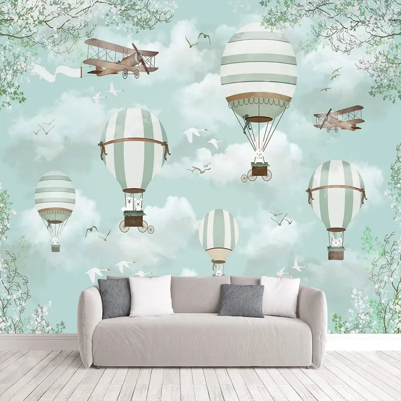 

Customize Wallpaper Mural Photo Cartoon Hot Air Balloon Children'S Wall Hanging Décor Background Fabric Wallcovering Covering