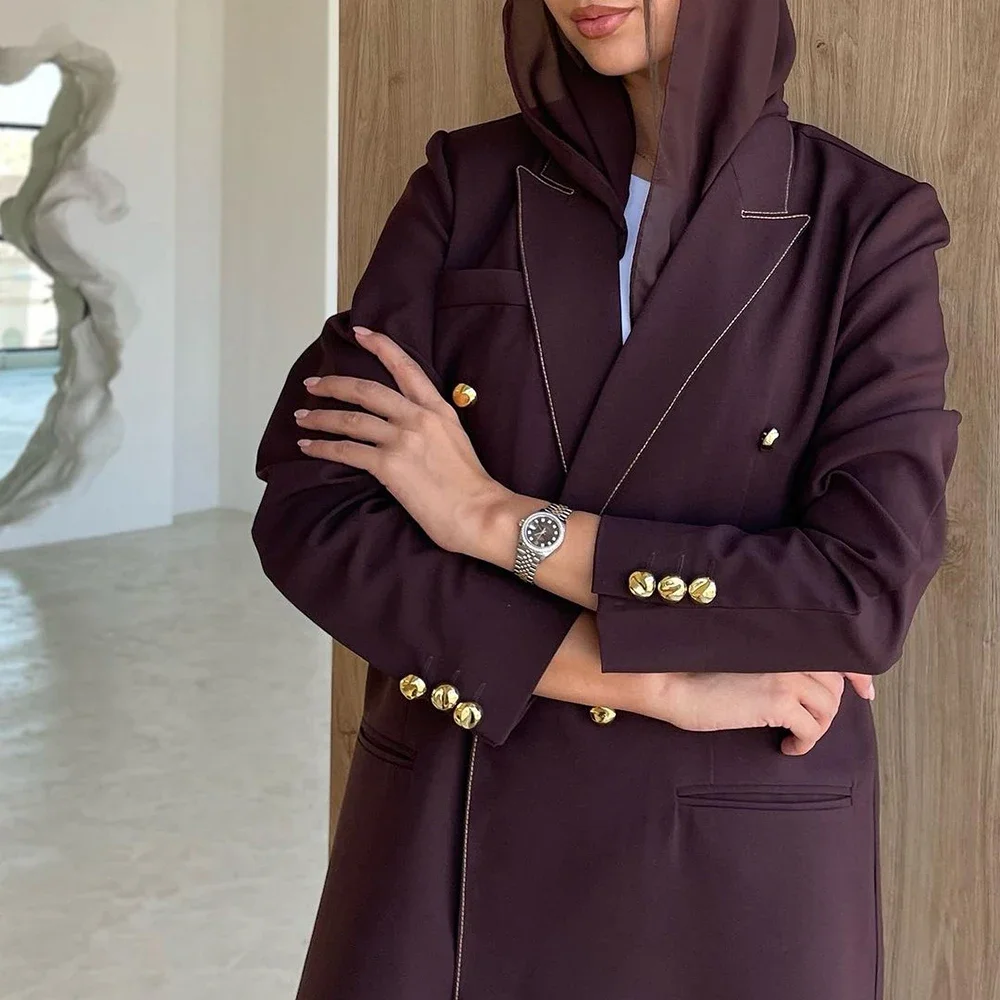 Formele Lange Blazer Dubbele Rij Knopen Effen Kleur Peak Revers Dames Pak 1 Stuk Lange Jas Luxe Moslim Abaya Vrouwelijke Kostuum