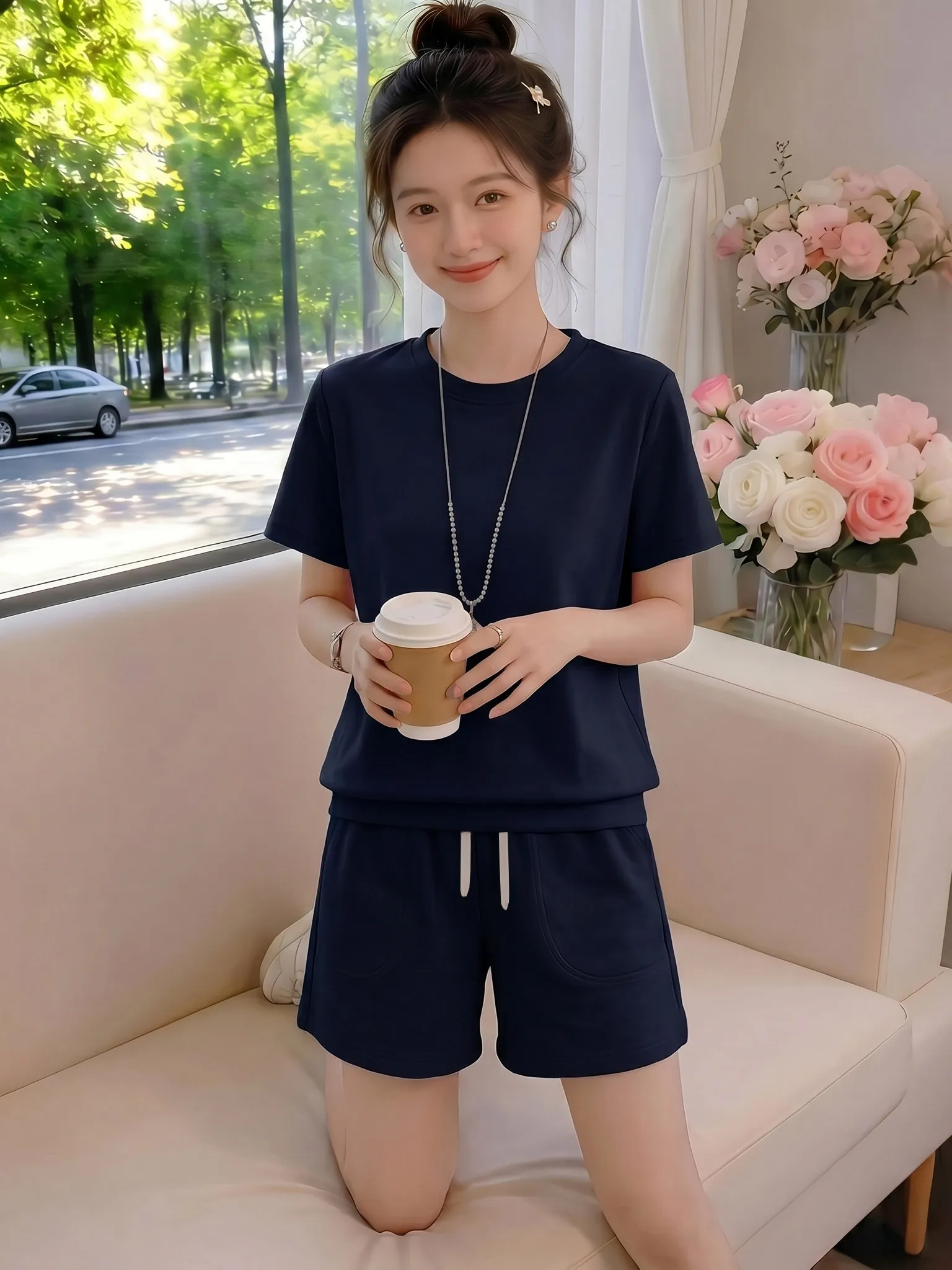 Women's Casual Versatile Sportswear Set High Waist Wide Leg Short Sleeve T-Shirt Slimming Effect Comfortable Breathable