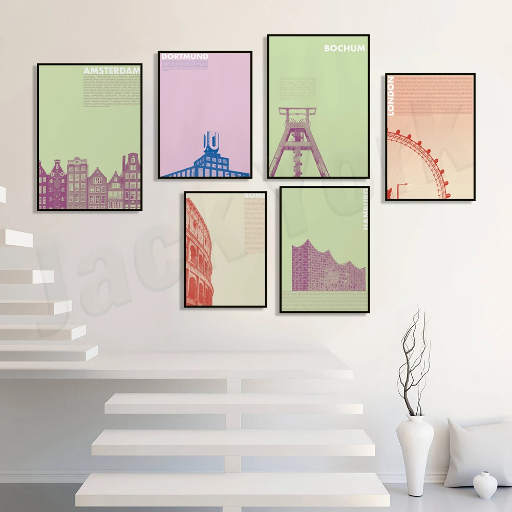 University of Dortmund, Elbphilharmonie, Amsterdam, Colosseum, New York, Manhattan image, London Eye UK, Bochum retro poster gif